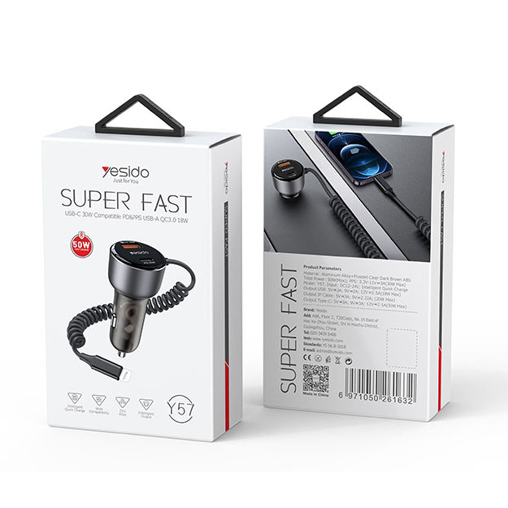 Lightning Cable Car Charger Yesido Y57, 50W, 3A, 1 x USB-A - 1 x USB-C, Black