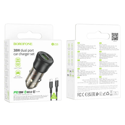 Car Charger with USB-C Cable Borofone BZ25 Journey, 38W, 3A, 1 x USB-A - 1 x USB-C, Black