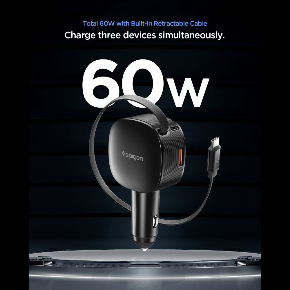 Car Charger with USB-C Cable Spigen EV603BT Essential, 60W, 3A, 1 x USB-A - 1 x USB-C, Black