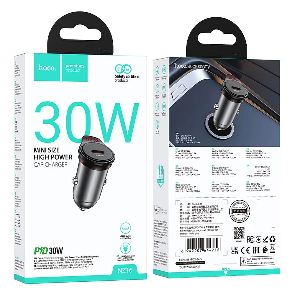 HOCO NZ16 Car Charger, 30W, 3A, 1 x USB-C, Gray