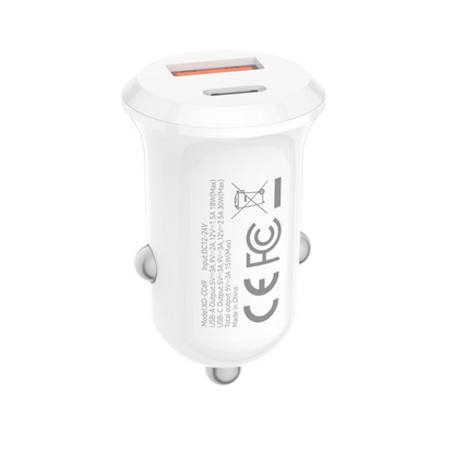 XO Design CC69 Car Charger, 30W, 3A, 1 x USB-A - 1 x USB-C, White