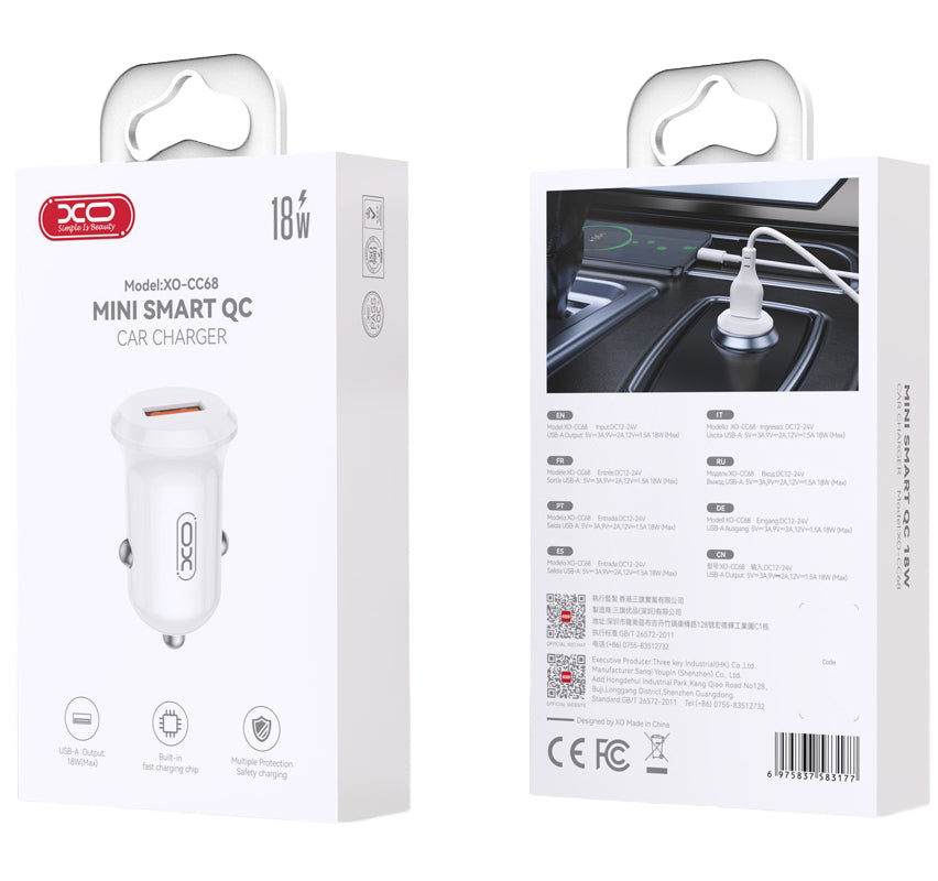 XO Design CC68 Car Charger, 18W, 3A, 1 x USB-A, White
