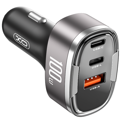 XO Design CC61 Car Charger, 100W, 3A, 1 x Lightning - 1 x USB-A - 1 x USB-C, Gray