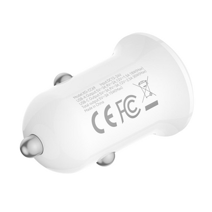 XO Design CC69 Car Charger, 30W, 3A, 1 x USB-A - 1 x USB-C, White