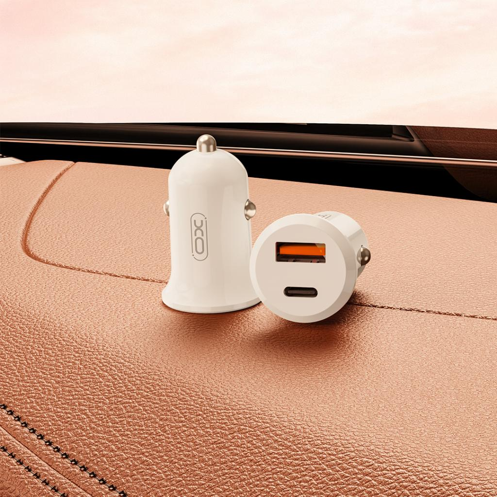 XO Design CC69 Car Charger, 30W, 3A, 1 x USB-A - 1 x USB-C, White