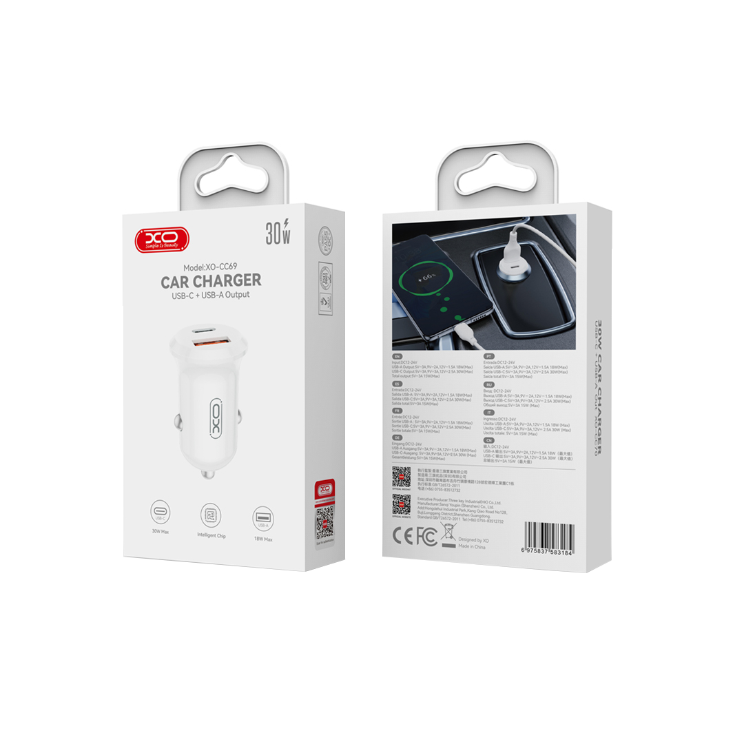 XO Design CC69 Car Charger, 30W, 3A, 1 x USB-A - 1 x USB-C, White