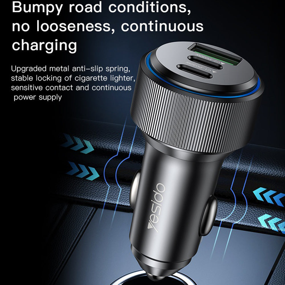 Yesido Y50 Car Charger, 60W, 3A, 1 x USB-A - 2 x USB-C, Black