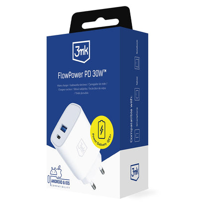 3MK FlowPower Network Charger, 30W, 1 x USB-A - 1 x USB-C, White