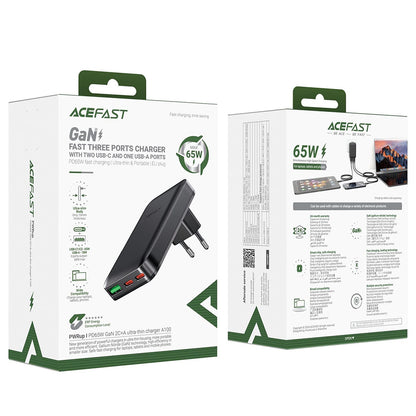 Acefast A100 Network Charger, 65W, 3.25A, 1 x USB-A - 2 x USB-C, Black