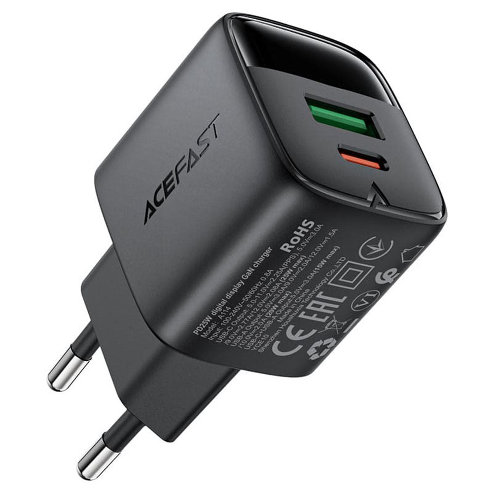 Acefast A114 Display Network Charger, 25W, 3A, 1 x USB-A - 1 x USB-C, Black