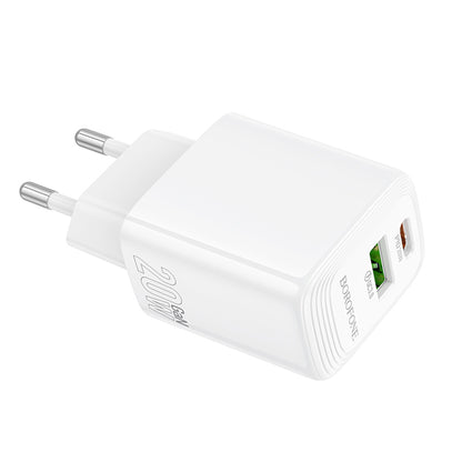 Borofone BN27 Fuente Network Charger, 20W, 3A, 1 x USB-A - 1 x USB-C, White
