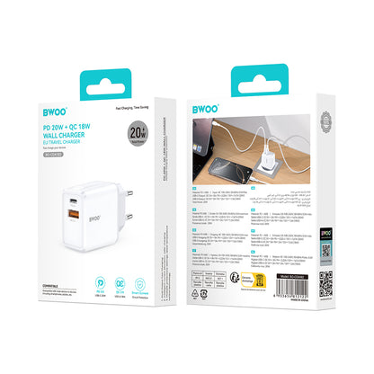 BWOO CDA182 Network Charger, 38W, 3A, 1 x USB-A - 1 x USB-C, White