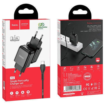 Network Charger with USB-C Cable HOCO N2, 10W, 2A, 1 x USB-A, Black