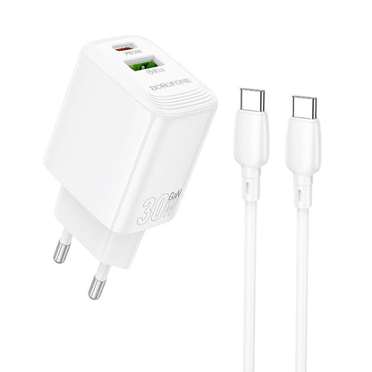 Network Charger with USB-C Cable Borofone BN29 Fuente, 30W, 3A, 1 x USB-A - 1 x USB-C, White