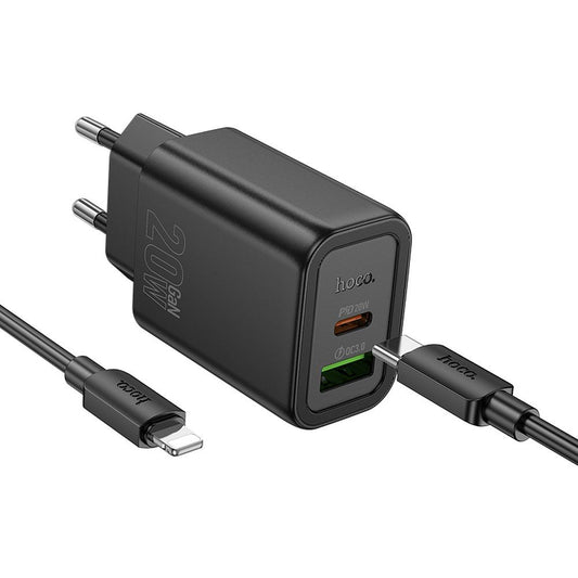 Network Charger with USB-C Cable HOCO N61, 20W, 3A, 1 x USB-A - 1 x USB-C, Black