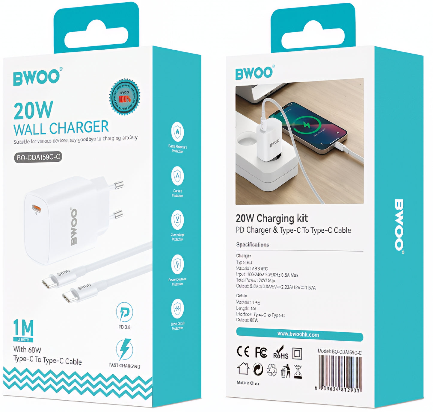 Network Charger with USB-C Cable BWOO CDA159, 20W, 3A, 1 x USB-C, White