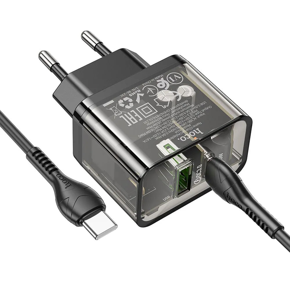 Network Charger with USB-C Cable HOCO N34, 20W, 3A, 1 x USB-A - 1 x USB-C, Transparent