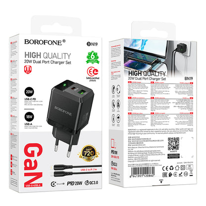 Network Charger with Lightning Cable Borofone BN19 Intenso, 20W, 3A, 1 x USB-A - 1 x USB-C, Black