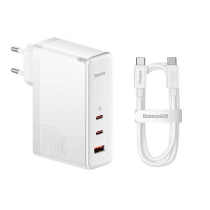 Baseus GaN5 Pro Network Charger with USB-C Cable, 140W, 5A, 1 x USB-A - 2 x USB-C, White CCGP100202