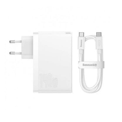 Baseus GaN5 Pro Network Charger with USB-C Cable, 140W, 5A, 1 x USB-A - 2 x USB-C, White CCGP100202