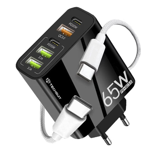 Network Charger with USB-C Cable Techsuit CHC2 PentaXPower, 20W, 3A, 3 x USB-A - 2 x USB-C, Black