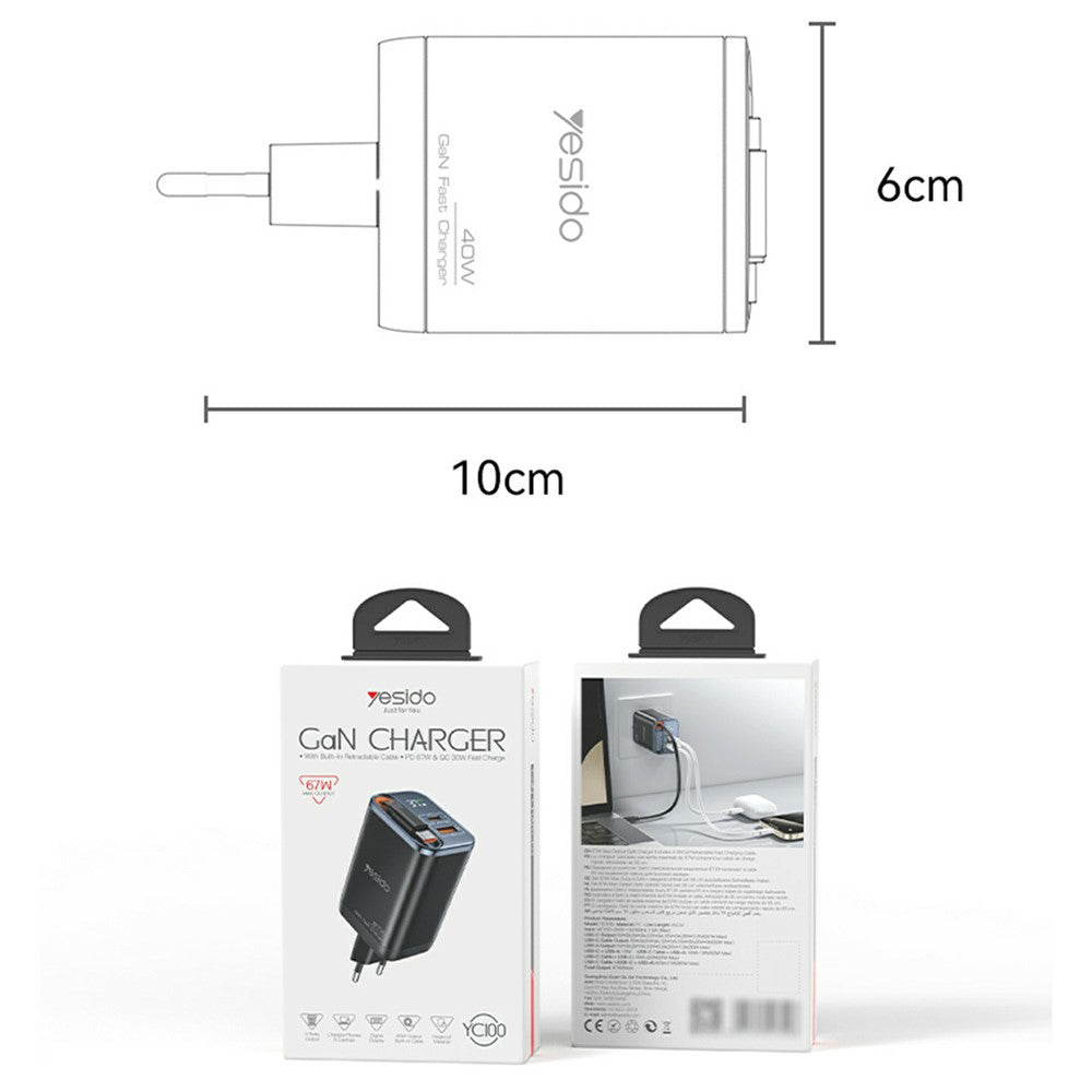 Yesido YC100 Display USB-C Network Charger with Cable, 67W, 3.35A, 1 x USB-A - 1 x USB-C, Black