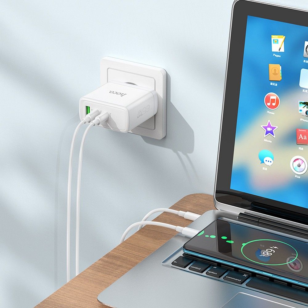 HOCO N30 Network Charger, 65W, 3.25A, 1 x USB-A - 2 x USB-C, White