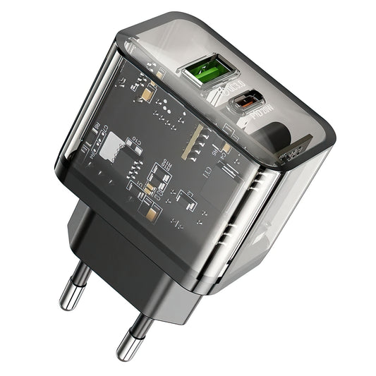HOCO N34 Network Charger, 20W, 3A, 1 x USB-A - 1 x USB-C, Transparent