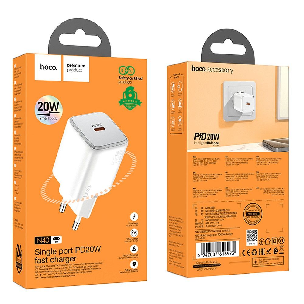 HOCO N40 Network Charger, 20W, 3A, 1 x USB-C, White