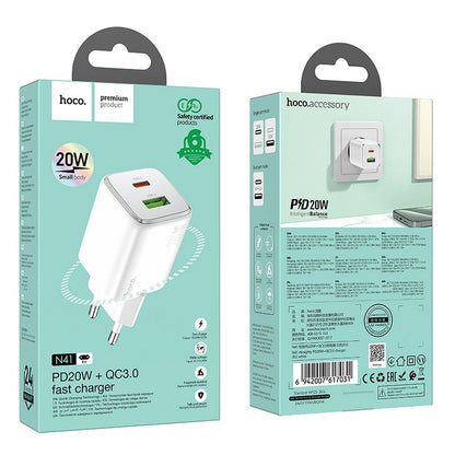 HOCO N41 Network Charger, 20W, 3A, 1 x USB-A - 1 x USB-C, White