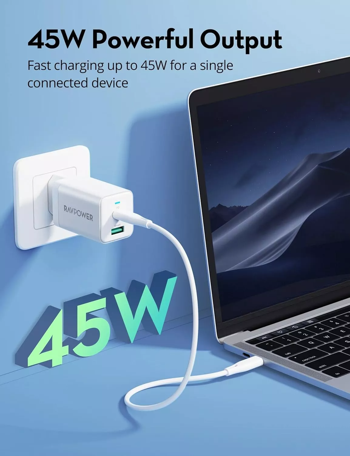 RavPower RP-PC171 Wall Charger, 45W, 3A, 1 x USB-A - 1 x USB-C, White