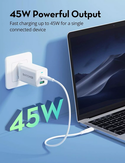 RavPower RP-PC171 Wall Charger, 45W, 3A, 1 x USB-A - 1 x USB-C, White