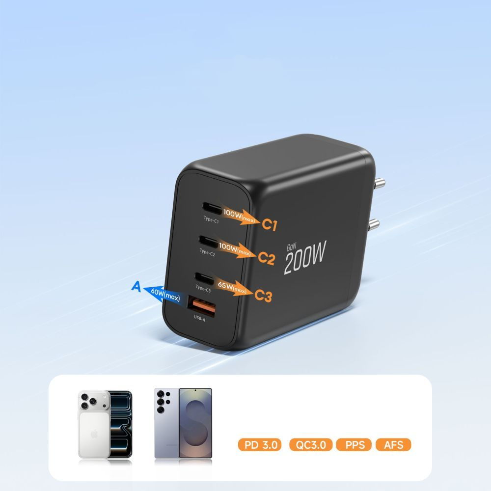 Tech-Protect NC200W-GAN Network Charger, 200W, 5A, 1 x USB-A - 3 x USB-C, Black