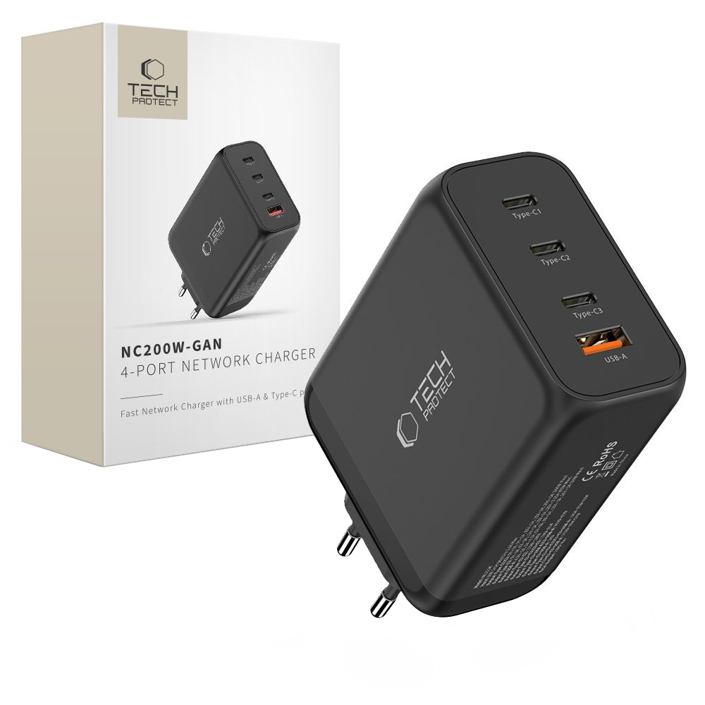 Tech-Protect NC200W-GAN Network Charger, 200W, 5A, 1 x USB-A - 3 x USB-C, Black