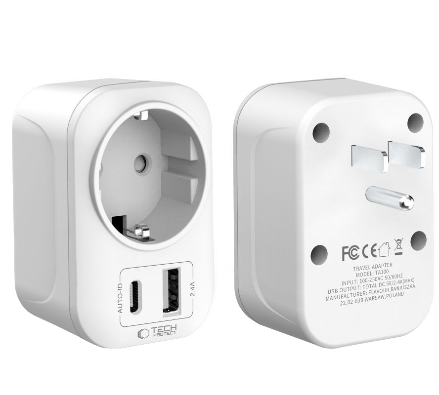 Tech-Protect TA100 Travel US Network Charger, 20W, 3A, 1 x Schuko - 1 x USB-A - 1 x USB-C, White