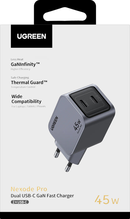 Network Charger UGREEN X707 Nexode Pro, 45W, 3A, 2 x USB-C, Grey 