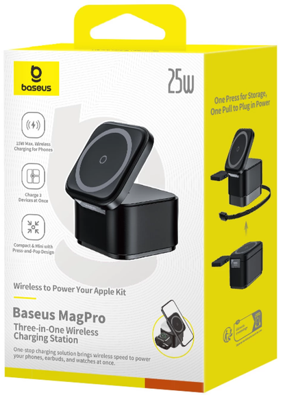 Baseus MagPro 3-in-1 Wireless Charger, 25W, 1 x USB-C, Black P10264100123-01
