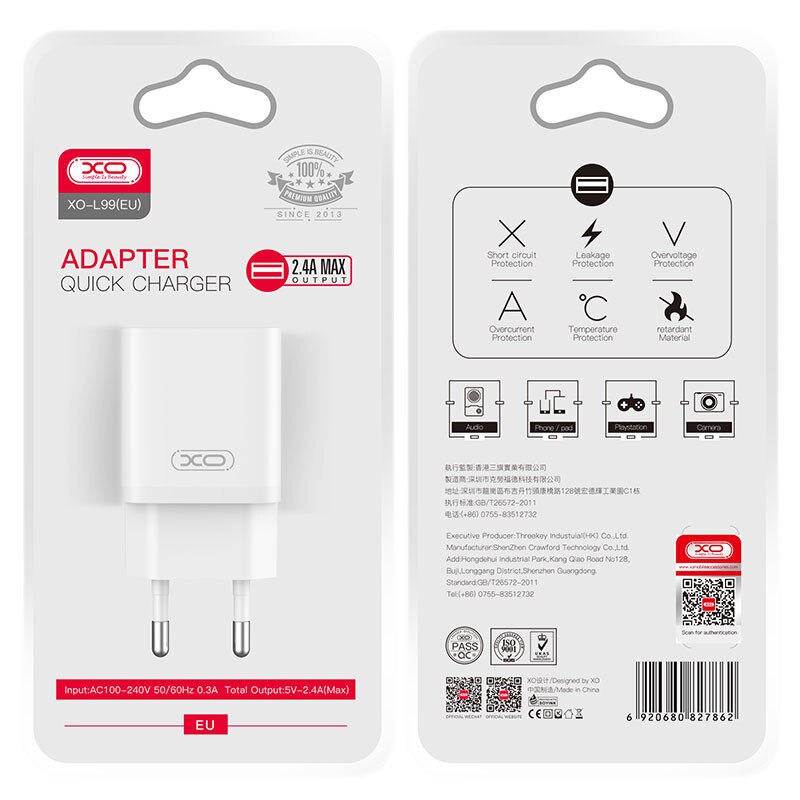 XO Design L99 Network Charger, 12W, 2.4A, 1 x USB-A, White