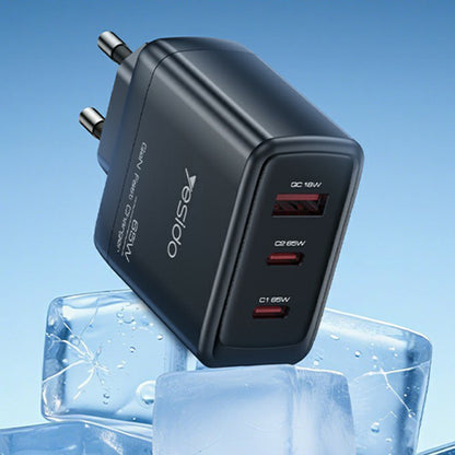Yesido YC144 Network Charger, 65W, 3.25A, 1 x USB-A - 2 x USB-C, Black