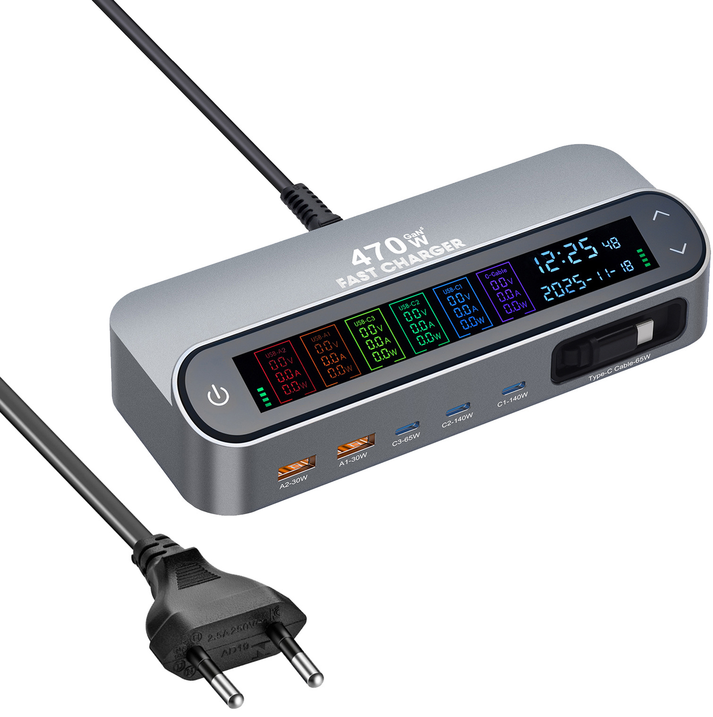 Station Charger With USB-C Cable OEM LCD470W, 470W, 5A, 2 x USB-A - 3 x USB-C, Gray
