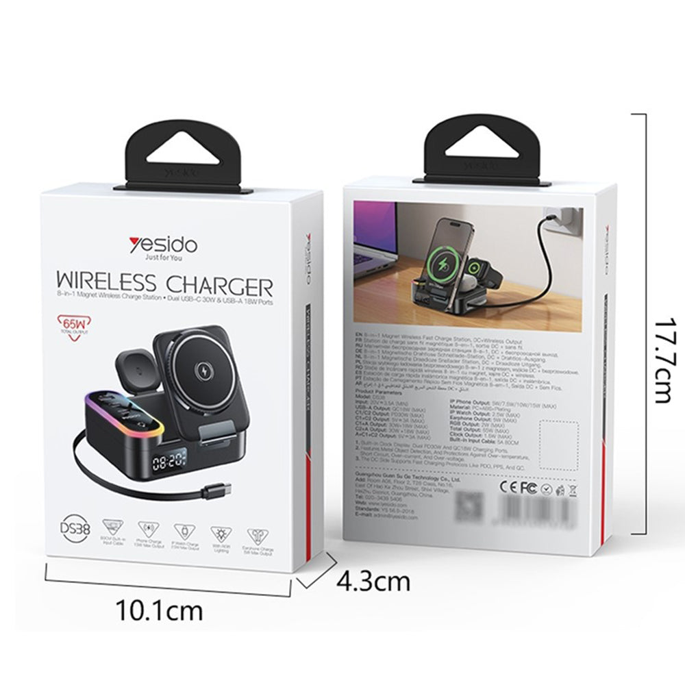 Yesido DS38 Display QI 3in1 Charging Station, 65W, 3A, 1 x USB-A - 2 x USB-C, Black