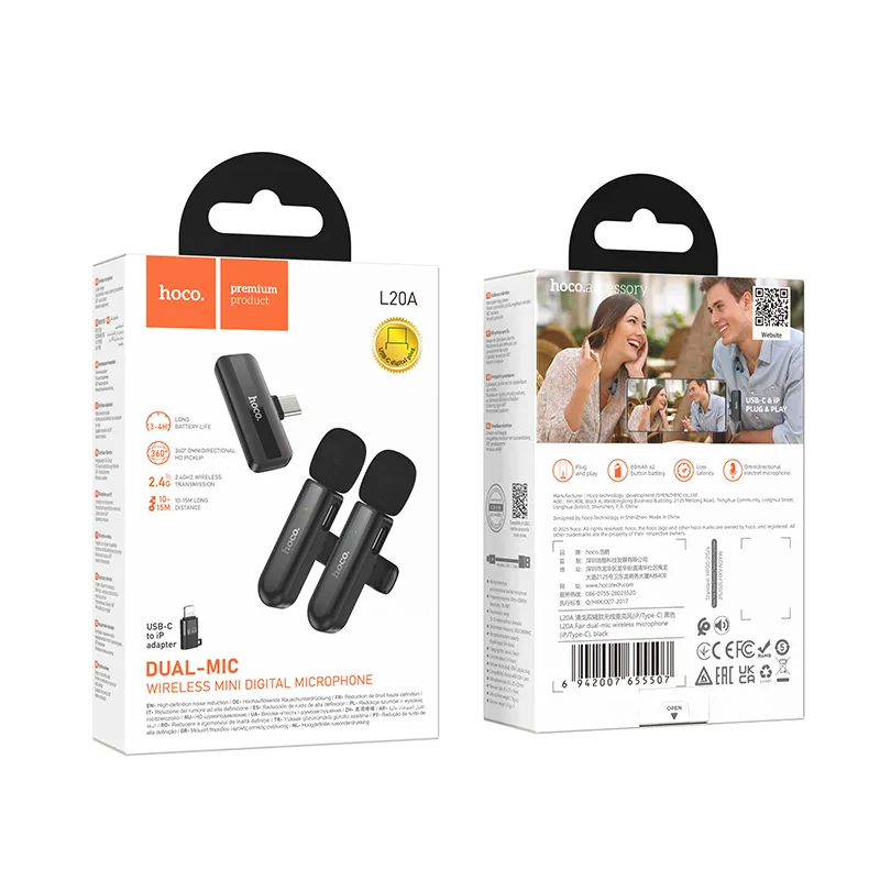 HOCO L20A Lavalier, USB-C / Lightning, Set of 2 pieces, Black