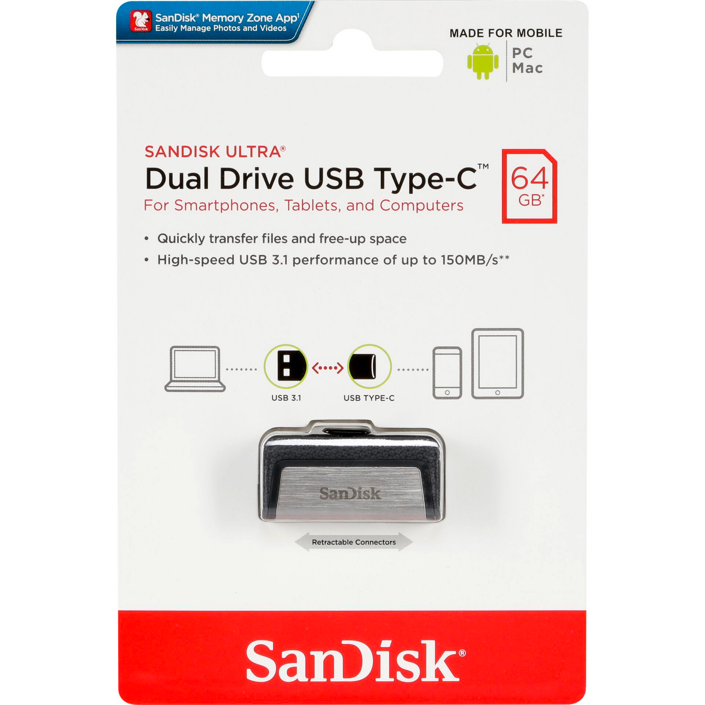 SanDisk Ultra Dual Drive External Memory USB-A 3.1 / USB-C, 64Gb SDDDC2-064G-G46