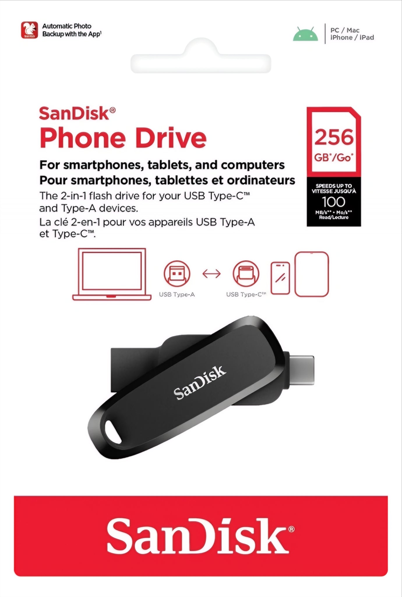 External Memory USB-A 3.2 / USB-C SanDisk Phone Drive, 256Gb SDDDC6-256G-G46