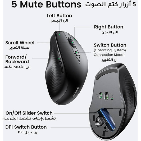 UGREEN MU101 Wireless Mouse, 4000DPI, BT / Wi-Fi, Black