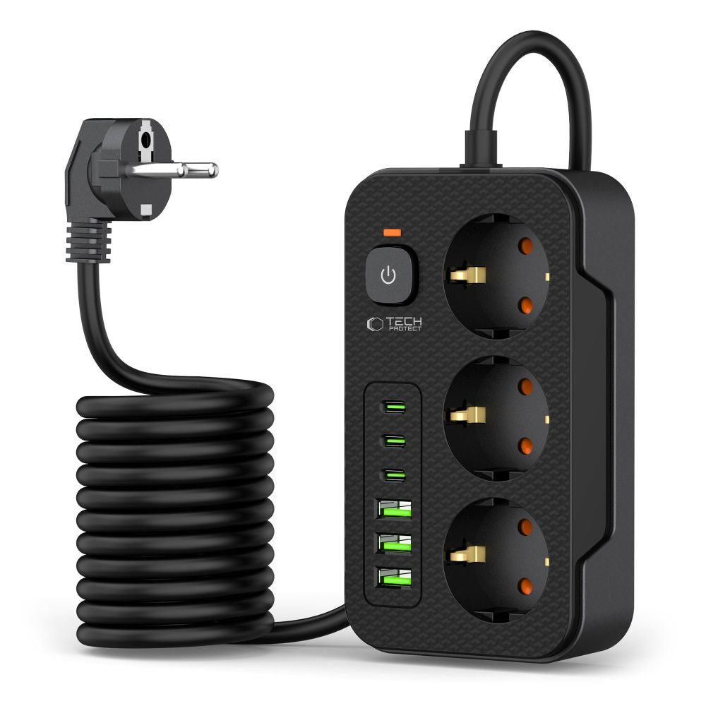 Tech-Protect PC3X6 Extension Cord, 3 x Schuko, Black