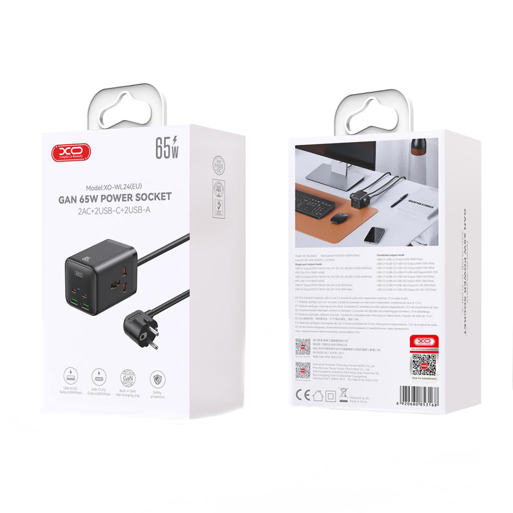 XO Design WL24 Extension Cord, 2 x Socket, Black