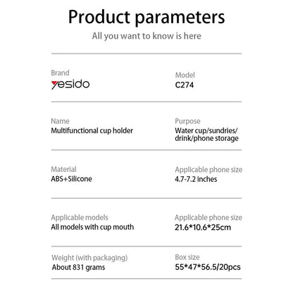 Yesido C274 Car Holder, 4.7inch - 7.2inch, Black
